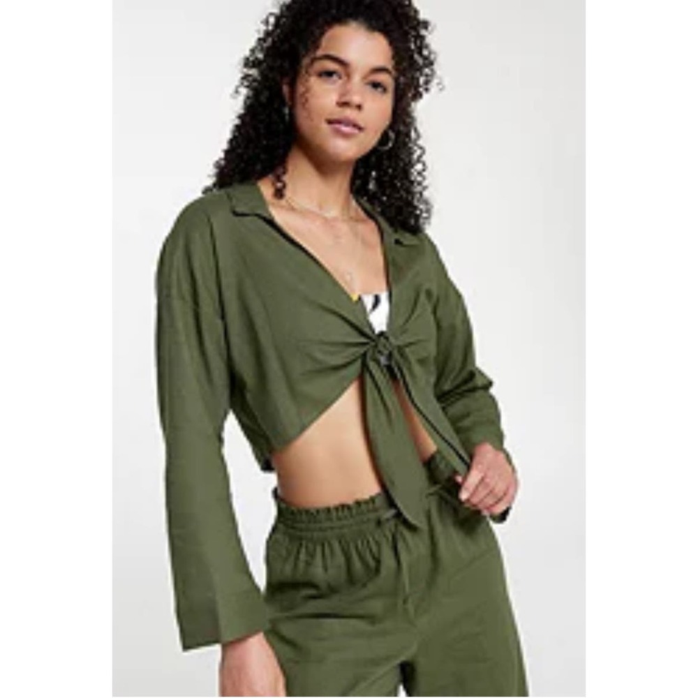 CALIA Women's Tie Front Long Sleeve Beach Shirt Green Sz Medium